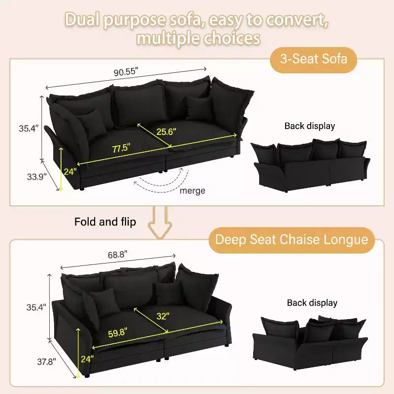 Sofa Modular Sectional, Deep Seat Couch with Large Pillows, Upholstered Sleeper Sofa for Apartment, Living Room, Hotel, Studio, Office