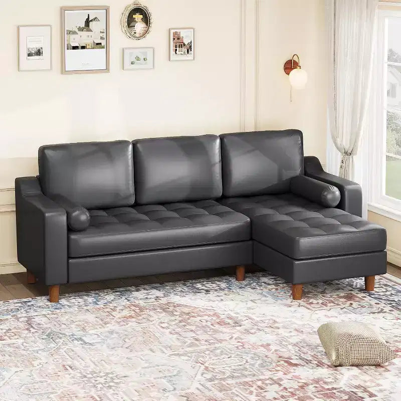 88.9 L-Shaped Sectional Sofa with Convertible Chaise, Modern Mid-Century 3-Seat Faux Leather Couch, Deep Seating for Living Room,Apartment,Orange