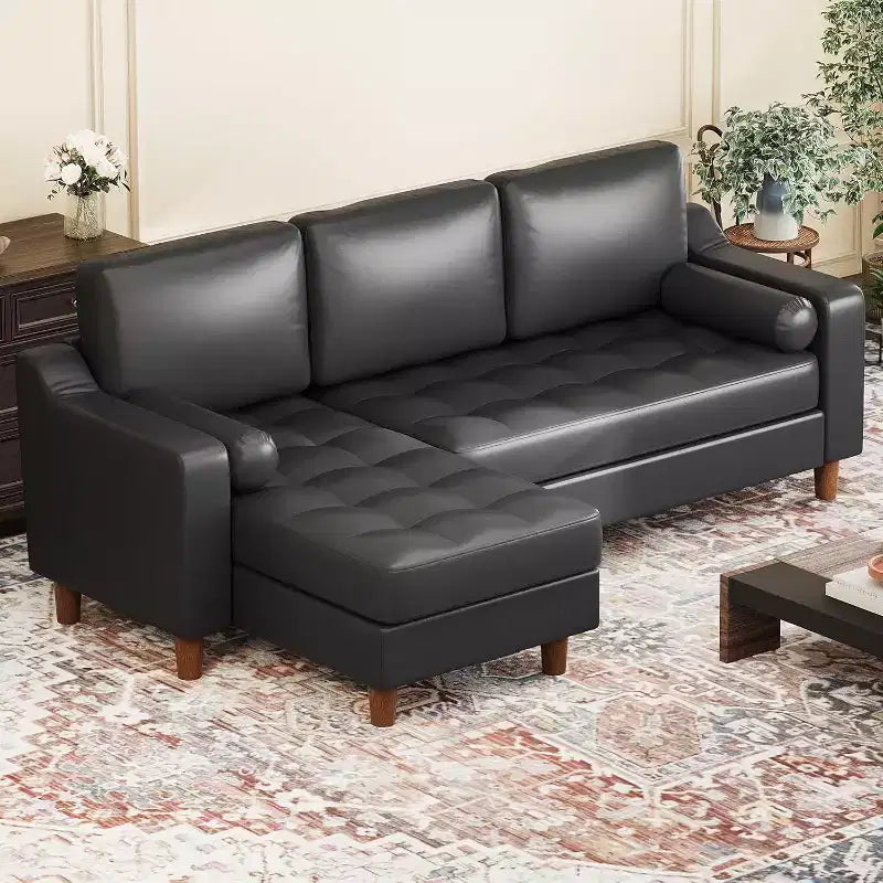 88.9 L-Shaped Sectional Sofa with Convertible Chaise, Modern Mid-Century 3-Seat Faux Leather Couch, Deep Seating for Living Room,Apartment,Orange