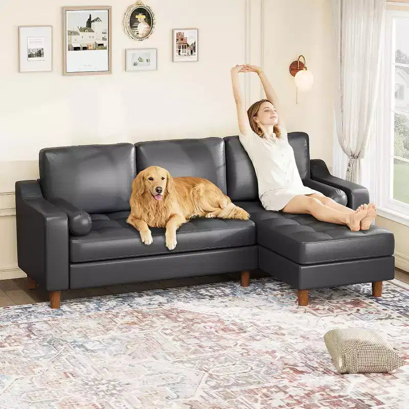 88.9 L-Shaped Sectional Sofa with Convertible Chaise, Modern Mid-Century 3-Seat Faux Leather Couch, Deep Seating for Living Room,Apartment,Orange
