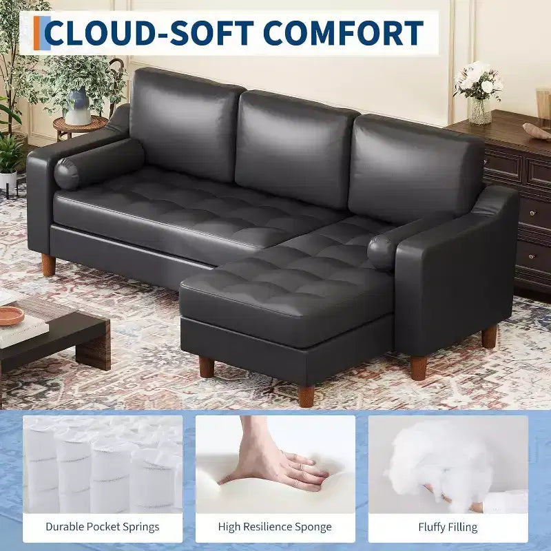 88.9 L-Shaped Sectional Sofa with Convertible Chaise, Modern Mid-Century 3-Seat Faux Leather Couch, Deep Seating for Living Room,Apartment,Orange