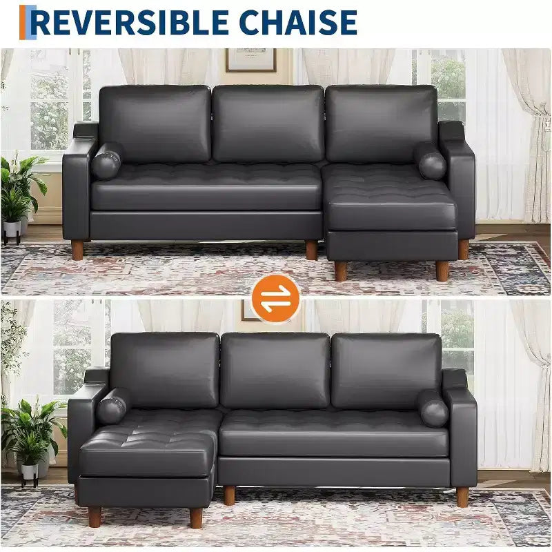 88.9 L-Shaped Sectional Sofa with Convertible Chaise, Modern Mid-Century 3-Seat Faux Leather Couch, Deep Seating for Living Room,Apartment,Orange