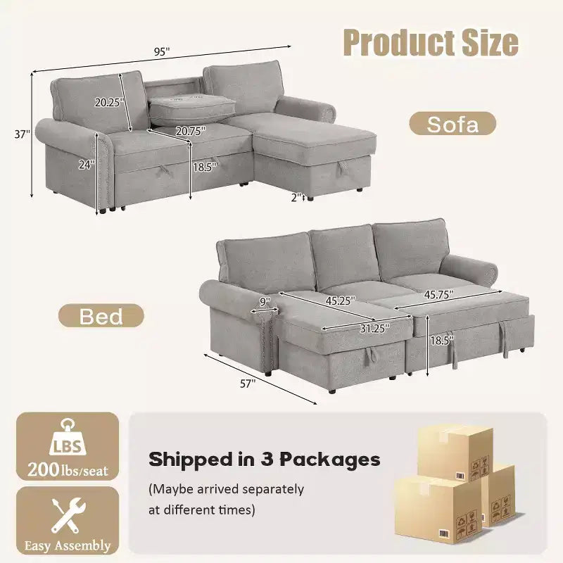 95 Modern Fabric Sectional Sofa with Storage Chaise and Pull-Down Backrest, Convertible Sleeper Sofa for Living Room or Family Room-Panipeachy