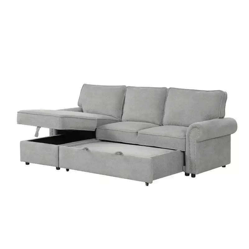95 Modern Fabric Sectional Sofa with Storage Chaise and Pull-Down Backrest, Convertible Sleeper Sofa for Living Room or Family Room-Panipeachy