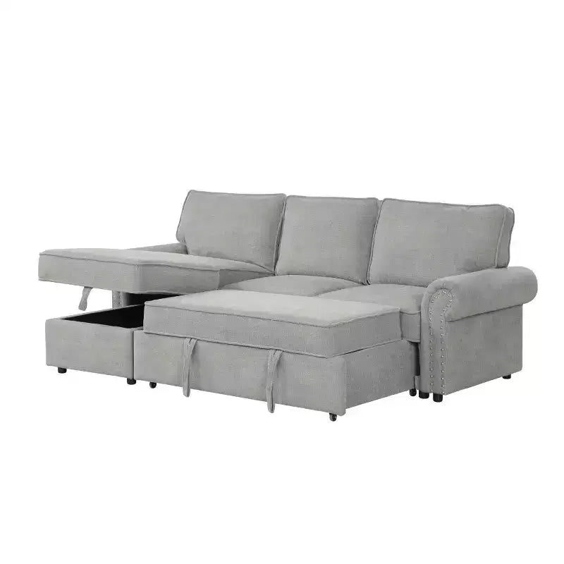 95 Modern Fabric Sectional Sofa with Storage Chaise and Pull-Down Backrest, Convertible Sleeper Sofa for Living Room or Family Room-Panipeachy