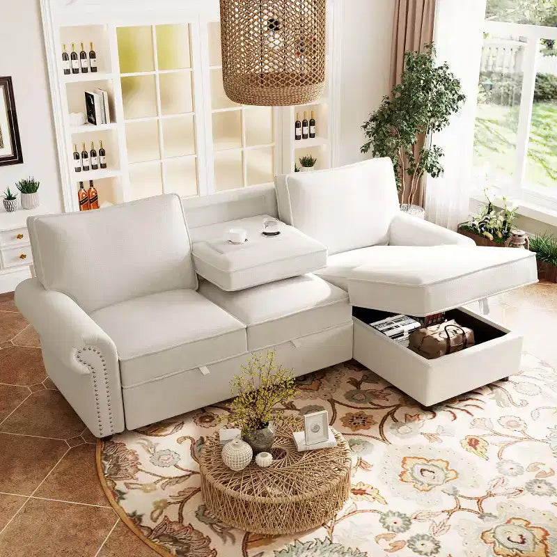 95 Modern Fabric Sectional Sofa with Storage Chaise and Pull-Down Backrest, Convertible Sleeper Sofa for Living Room or Family Room-Panipeachy