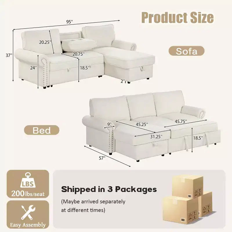 95 Modern Fabric Sectional Sofa with Storage Chaise and Pull-Down Backrest, Convertible Sleeper Sofa for Living Room or Family Room-Panipeachy