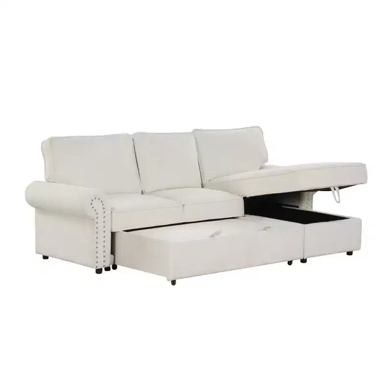 95 Modern Fabric Sectional Sofa with Storage Chaise and Pull-Down Backrest, Convertible Sleeper Sofa for Living Room or Family Room-Panipeachy