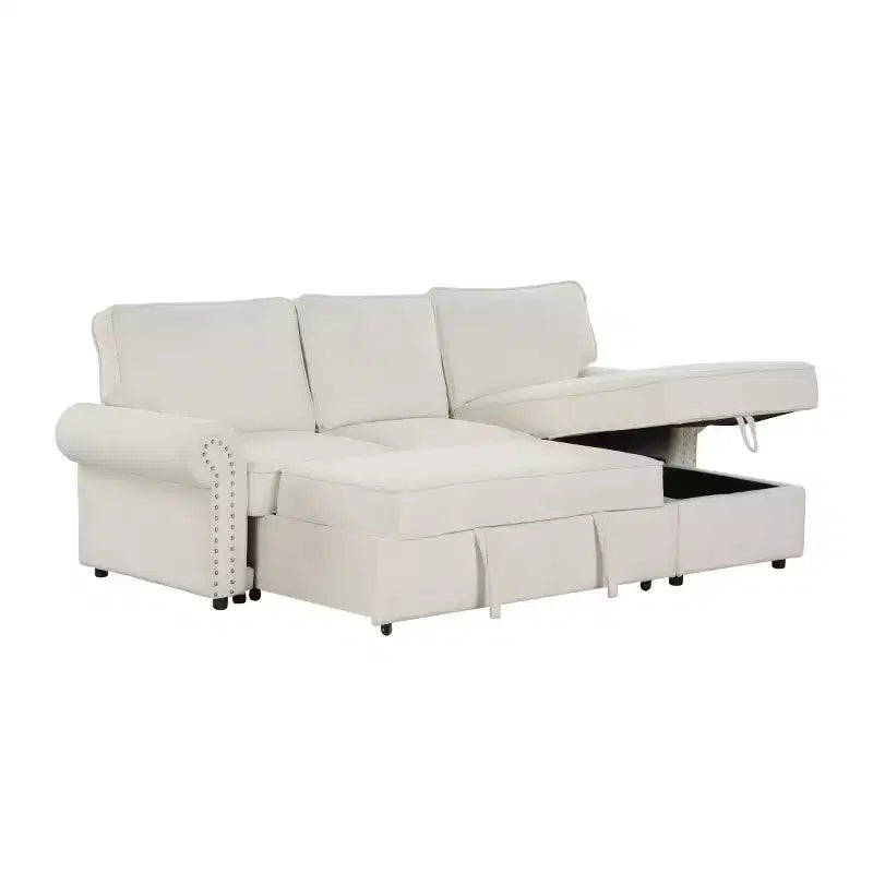 95 Modern Fabric Sectional Sofa with Storage Chaise and Pull-Down Backrest, Convertible Sleeper Sofa for Living Room or Family Room-Panipeachy