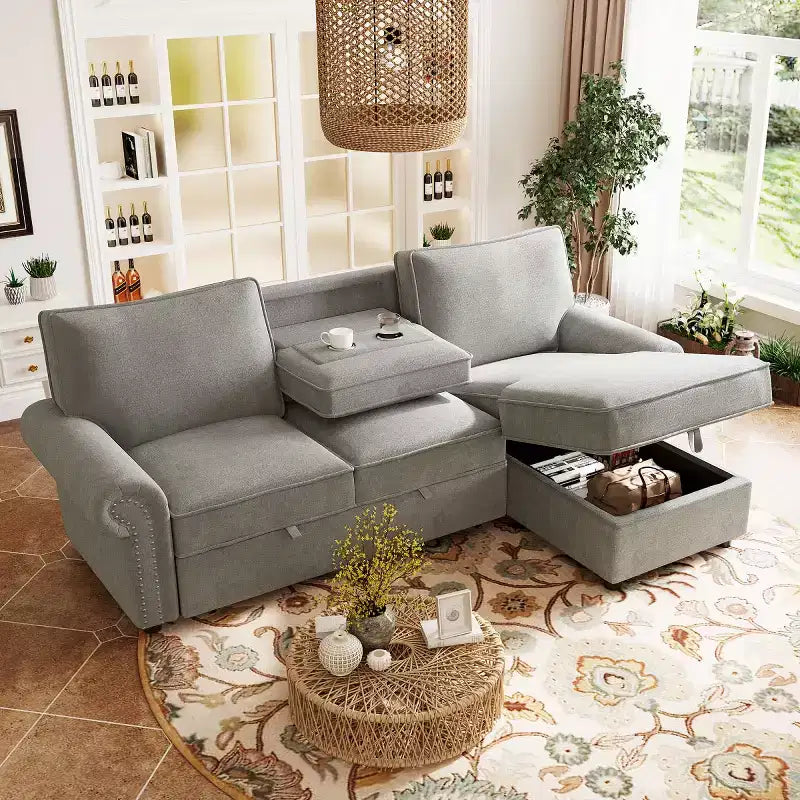 95 Modern Fabric Sectional Sofa with Storage Chaise and Pull-Down Backrest, Convertible Sleeper Sofa for Living Room or Family Room-Panipeachy