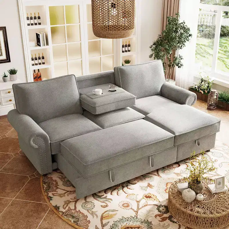 95 Sofá Seccional Moderno de Tela con Chaise de Almacenamiento y Respaldo Abatible, Sofá Cama Convertible para Sala de Estar o Sala Familiar-Panipeachy