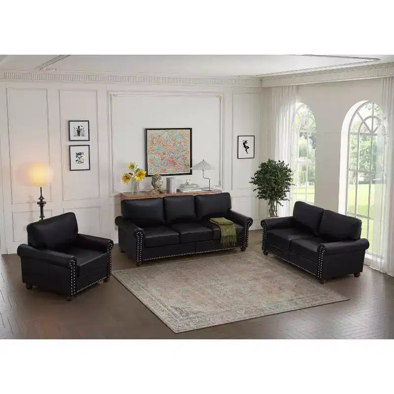 MAYEERTY 3 Pieces Sectional Faux Leather Sofa with Storage Silver Nails for Living Room Black