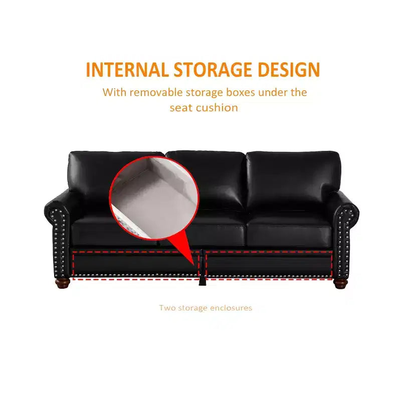 MAYEERTY 3 Pieces Sectional Faux Leather Sofa with Storage Silver Nails for Living Room Black