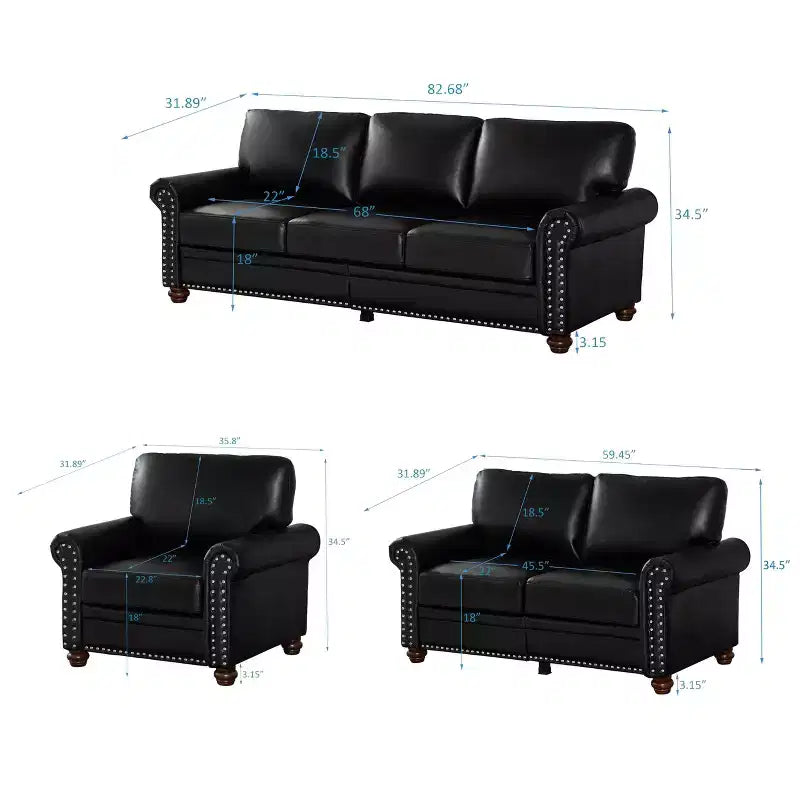 MAYEERTY 3 Pieces Sectional Faux Leather Sofa with Storage Silver Nails for Living Room Black