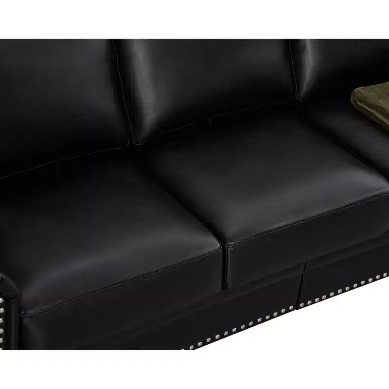 MAYEERTY 3 Pieces Sectional Faux Leather Sofa with Storage Silver Nails for Living Room Black