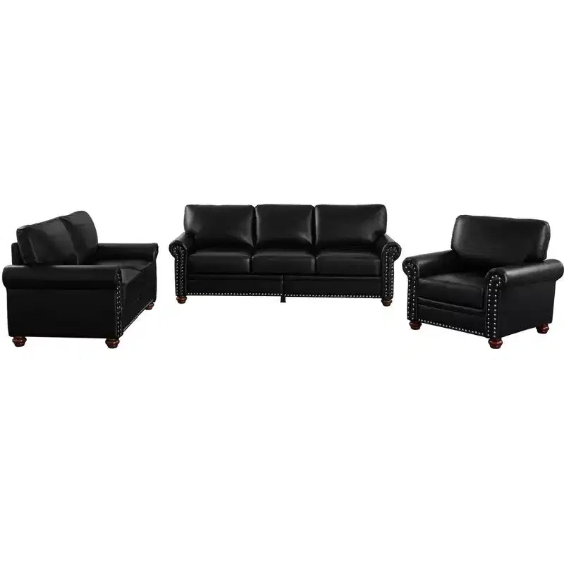 MAYEERTY 3 Pieces Sectional Faux Leather Sofa with Storage Silver Nails for Living Room Black