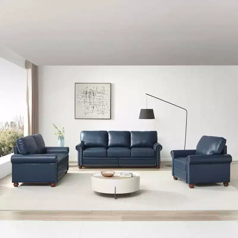 MAYEERTY 3 Pieces Sectional Faux Leather Sofa with Storage Silver Nails for Living Room Navy Blue