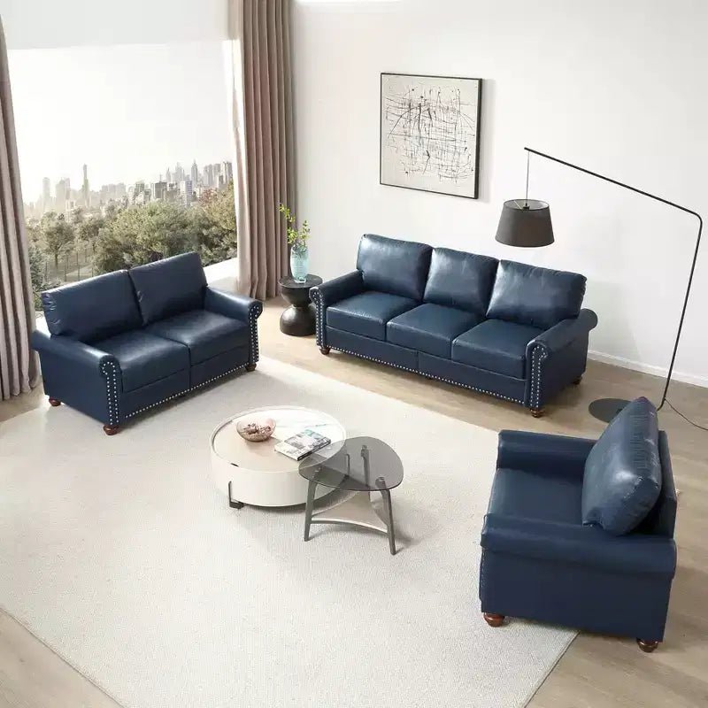 MAYEERTY 3 Pieces Sectional Faux Leather Sofa with Storage Silver Nails for Living Room Navy Blue