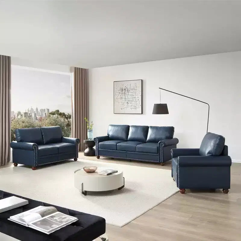 MAYEERTY 3 Pieces Sectional Faux Leather Sofa with Storage Silver Nails for Living Room Navy Blue