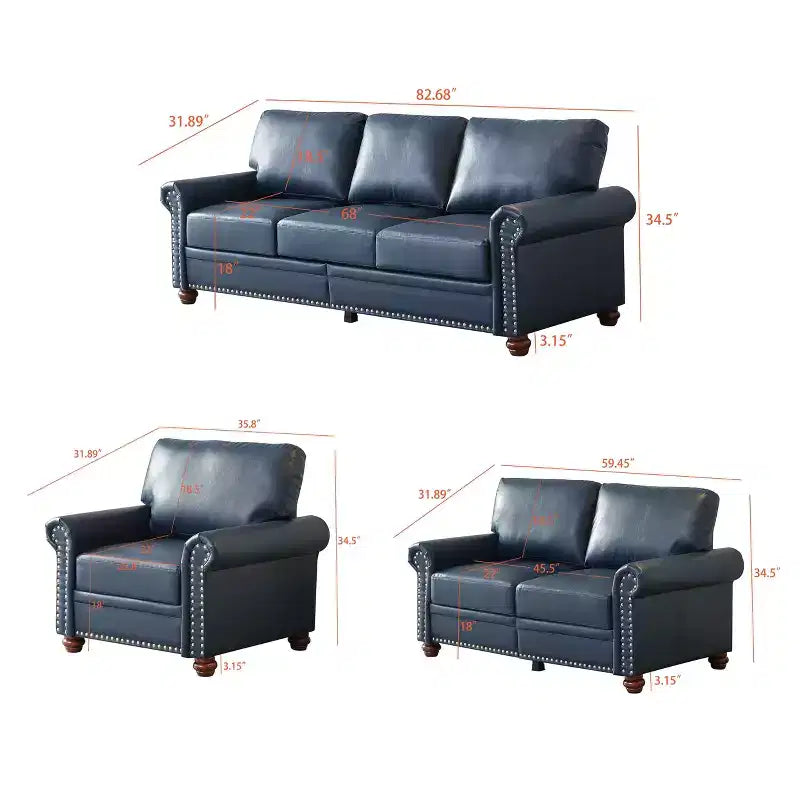MAYEERTY 3 Pieces Sectional Faux Leather Sofa with Storage Silver Nails for Living Room Navy Blue