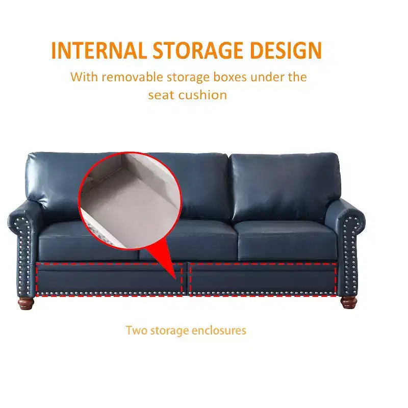 MAYEERTY 3 Pieces Sectional Faux Leather Sofa with Storage Silver Nails for Living Room Navy Blue