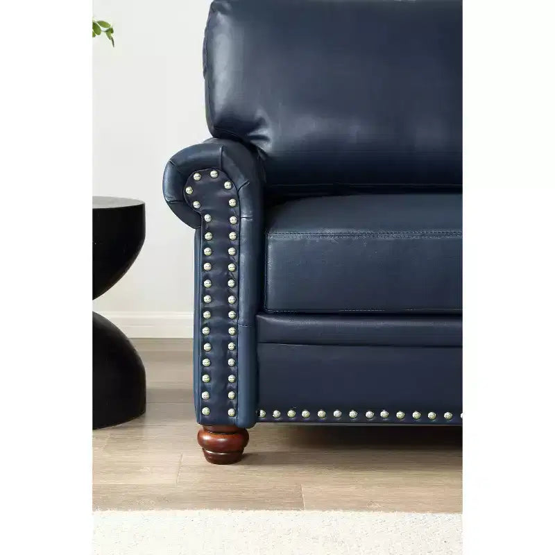 MAYEERTY 3 Pieces Sectional Faux Leather Sofa with Storage Silver Nails for Living Room Navy Blue