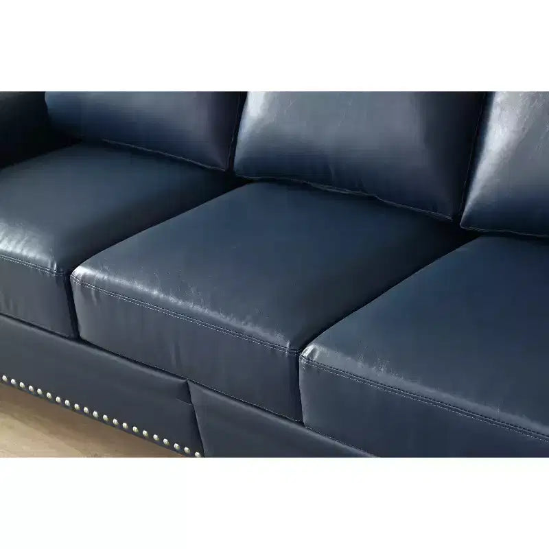 MAYEERTY 3 Pieces Sectional Faux Leather Sofa with Storage Silver Nails for Living Room Navy Blue
