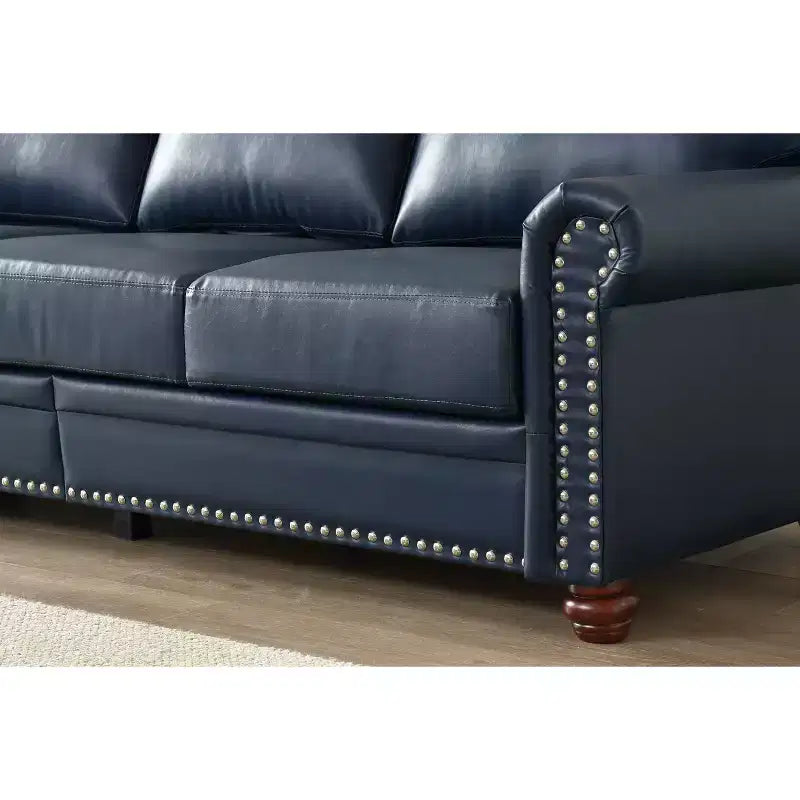 MAYEERTY 3 Pieces Sectional Faux Leather Sofa with Storage Silver Nails for Living Room Navy Blue