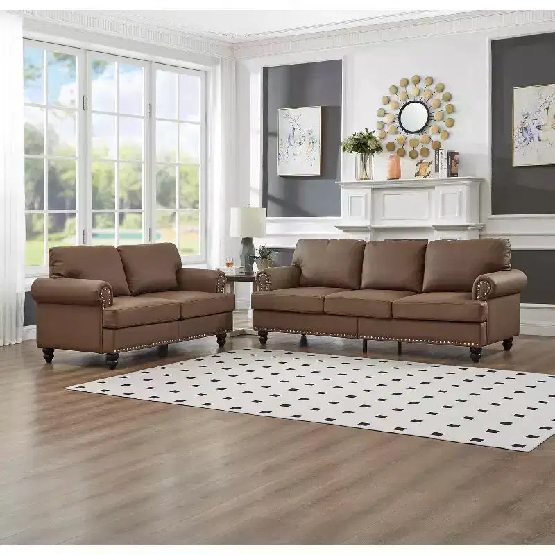 MAYEERTY Modern Sectional Sofas Classic Design with Nails Liing Room 5 Seaters Faux Leather Upgolstered Brown