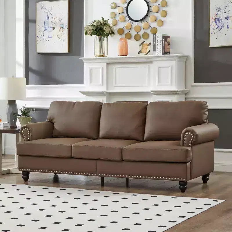 MAYEERTY Modern Sectional Sofas Classic Design with Nails Liing Room 5 Seaters Faux Leather Upgolstered Brown