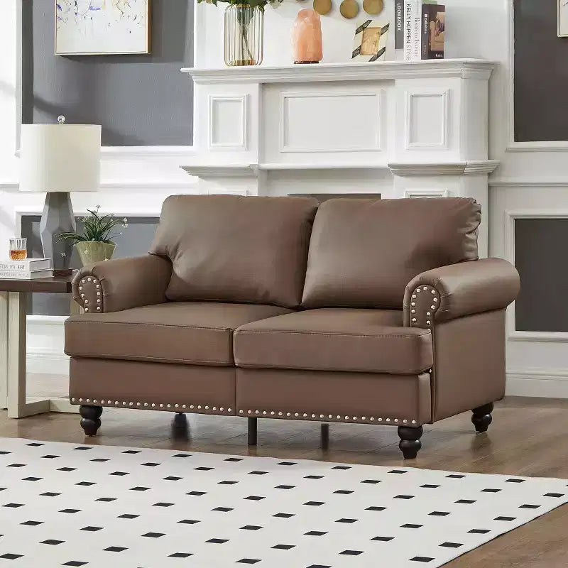 MAYEERTY Modern Sectional Sofas Classic Design with Nails Liing Room 5 Seaters Faux Leather Upgolstered Brown