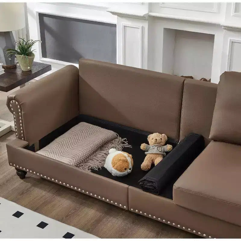 MAYEERTY Modern Sectional Sofas Classic Design with Nails Liing Room 5 Seaters Faux Leather Upgolstered Brown