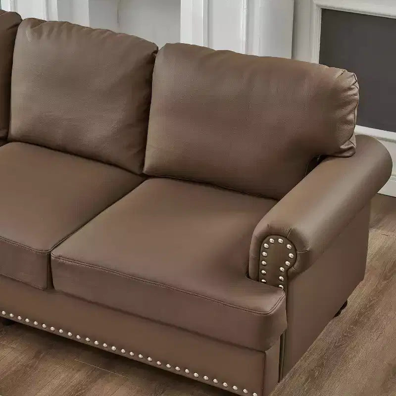 MAYEERTY Modern Sectional Sofas Classic Design with Nails Liing Room 5 Seaters Faux Leather Upgolstered Brown