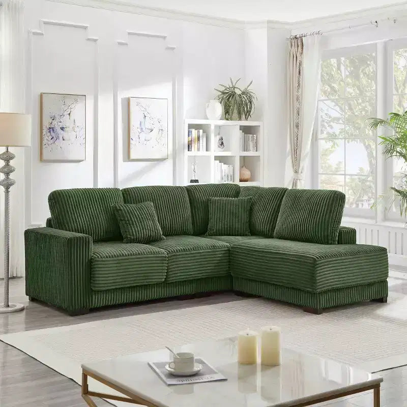 MAYEERTY 93 Sectional Sofa L Shaped Sofa Couch with Reversible Chaise Lounge Upgolstered Soft Curduroy Couch for Living Room Green
