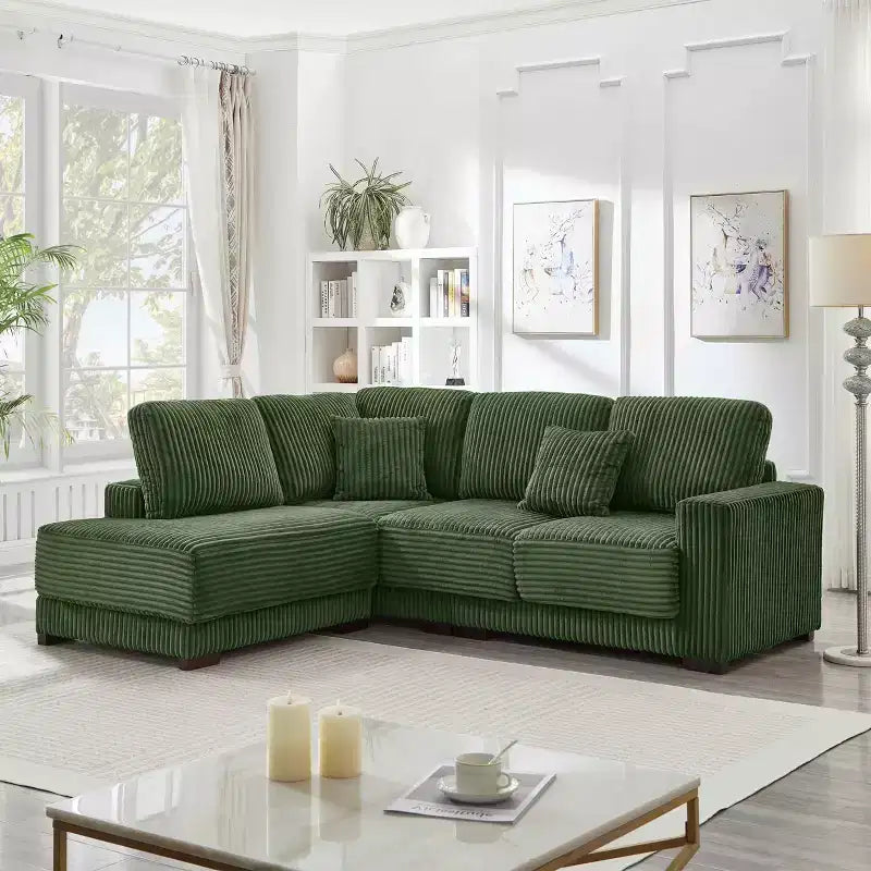 MAYEERTY 93 Sectional Sofa L Shaped Sofa Couch with Reversible Chaise Lounge Upgolstered Soft Curduroy Couch for Living Room Green