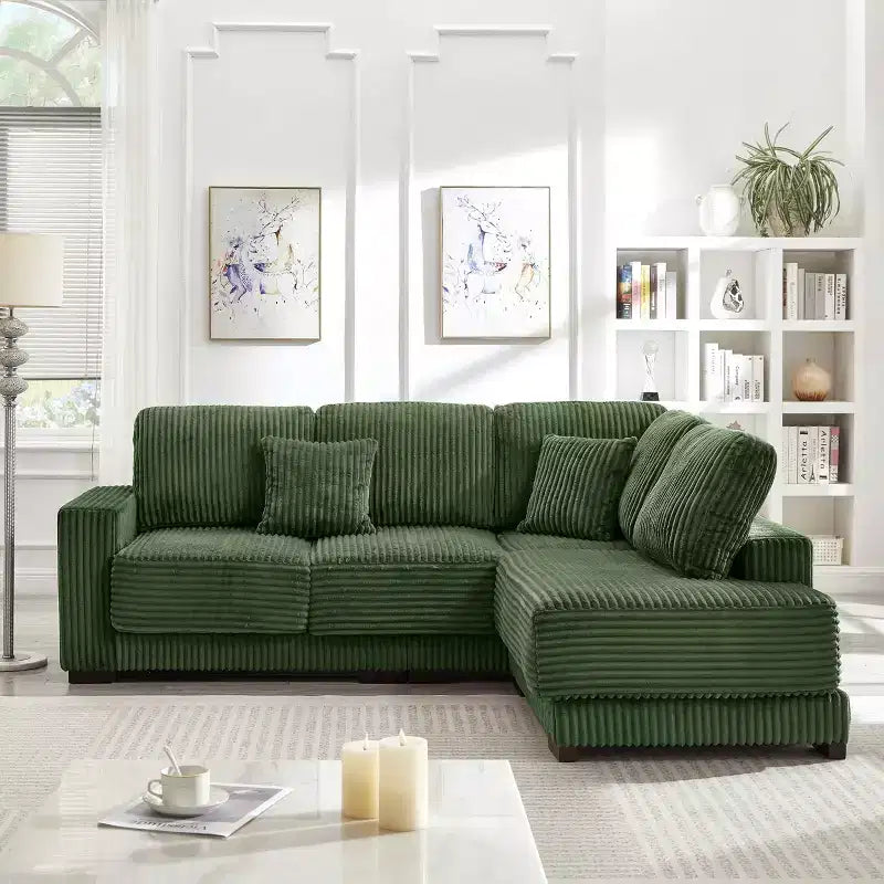 MAYEERTY 93 Sectional Sofa L Shaped Sofa Couch with Reversible Chaise Lounge Upgolstered Soft Curduroy Couch for Living Room Green