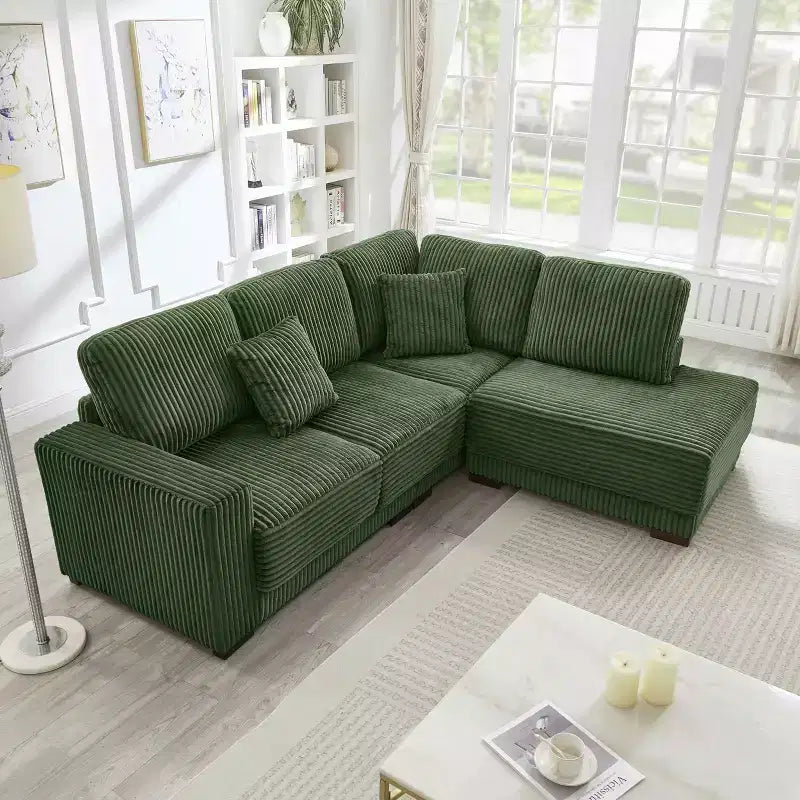 MAYEERTY 93 Sectional Sofa L Shaped Sofa Couch with Reversible Chaise Lounge Upgolstered Soft Curduroy Couch for Living Room Green