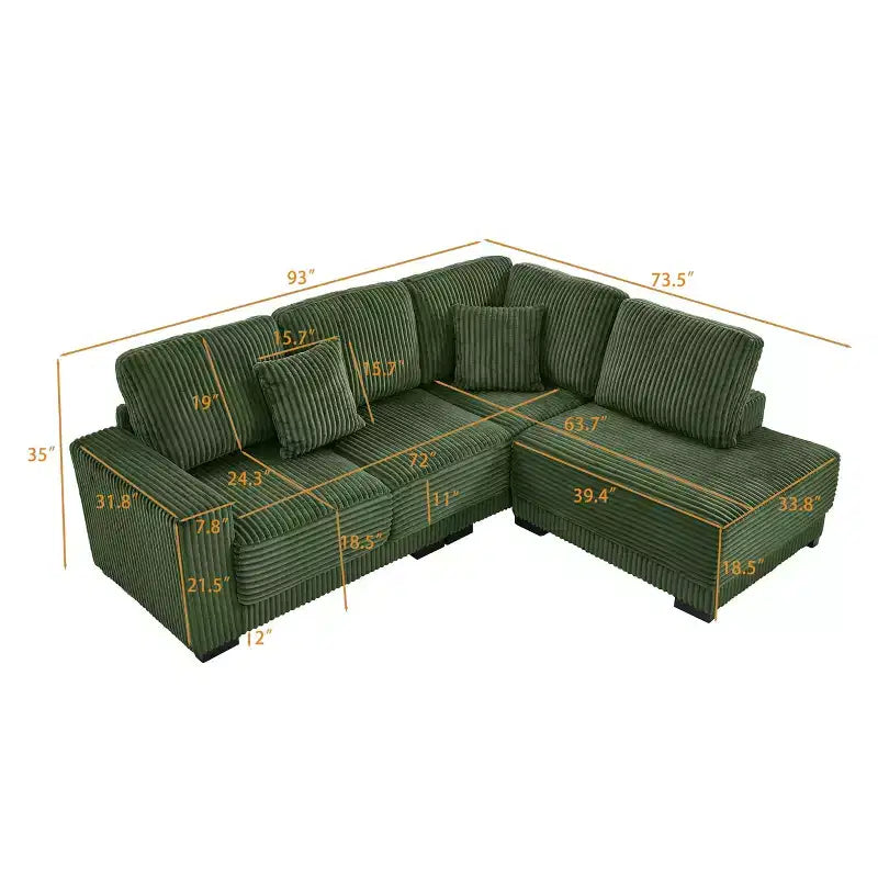 MAYEERTY 93 Sectional Sofa L Shaped Sofa Couch with Reversible Chaise Lounge Upgolstered Soft Curduroy Couch for Living Room Green