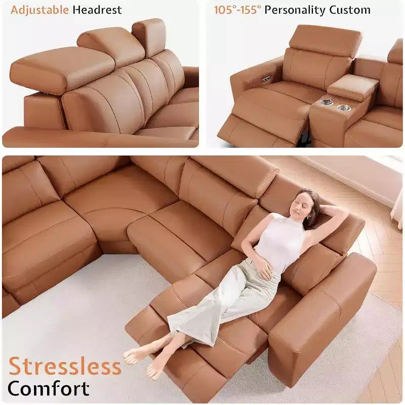 AMERLIFE Power Reclining Sofa with Console, Dual Electric Recliners, Leather Sectional Couch for Living Room, Brown