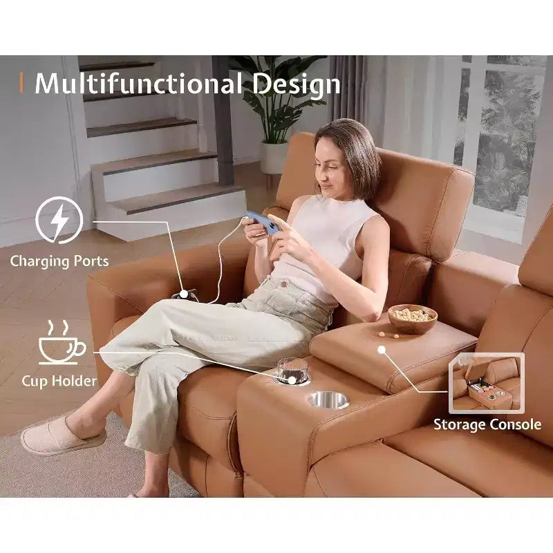 AMERLIFE Power Reclining Sofa with Console, Dual Electric Recliners, Leather Sectional Couch for Living Room, Brown