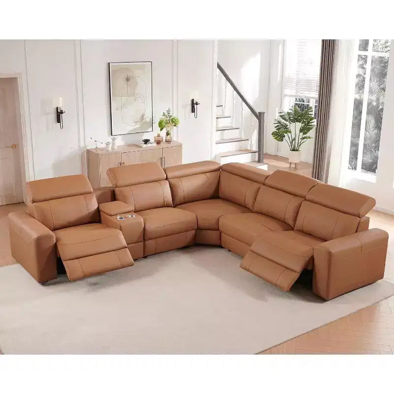 AMERLIFE Power Reclining Sofa with Console, Dual Electric Recliners, Leather Sectional Couch for Living Room, Brown
