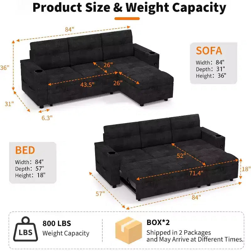 84'' Sofa Bedl-Shaped Sectional Sleeper Sofa with Pull Out BedReversible Storage Chaises Hidden Storage ArmrestsCup Holders & USB Charging Ports