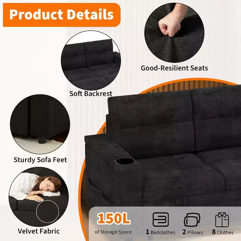 84'' Sofa Bedl-Shaped Sectional Sleeper Sofa with Pull Out BedReversible Storage Chaises Hidden Storage ArmrestsCup Holders & USB Charging Ports