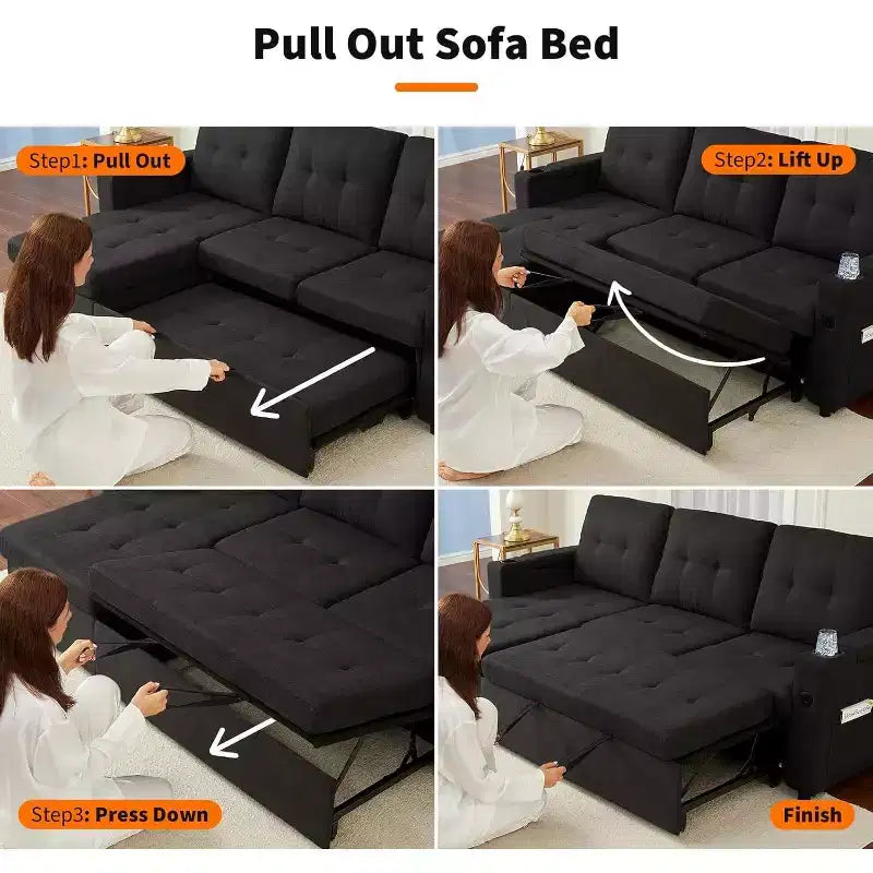84'' Sofa Bedl-Shaped Sectional Sleeper Sofa with Pull Out BedReversible Storage Chaises Hidden Storage ArmrestsCup Holders & USB Charging Ports