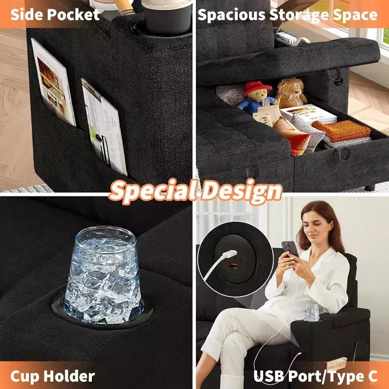 84'' Sofa Bedl-Shaped Sectional Sleeper Sofa with Pull Out BedReversible Storage Chaises Hidden Storage ArmrestsCup Holders & USB Charging Ports