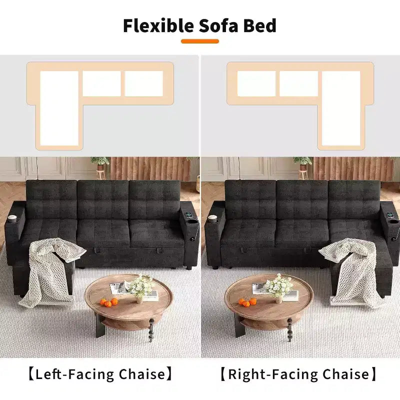 84'' Sofa Bedl-Shaped Sectional Sleeper Sofa with Pull Out BedReversible Storage Chaises Hidden Storage ArmrestsCup Holders & USB Charging Ports
