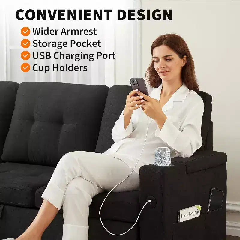 84'' Sofa Bedl-Shaped Sectional Sleeper Sofa with Pull Out BedReversible Storage Chaises Hidden Storage ArmrestsCup Holders & USB Charging Ports