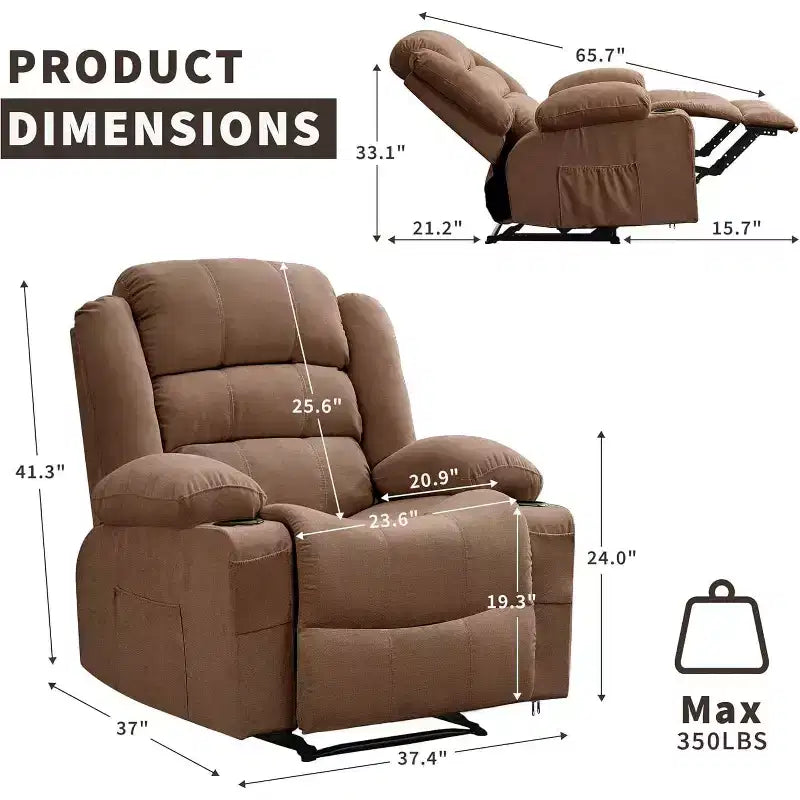 Large Recliner Chair 3 Reclining Positions up to 145 with 2 Cup Holder 2 Side and 2 Front Pockets for Living Room, Bedroom, Home Theater