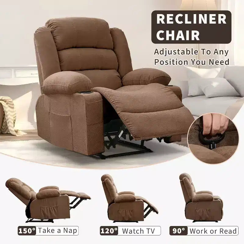 Large Recliner Chair 3 Reclining Positions up to 145 with 2 Cup Holder 2 Side and 2 Front Pockets for Living Room, Bedroom, Home Theater