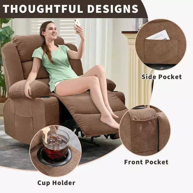 Large Recliner Chair 3 Reclining Positions up to 145 with 2 Cup Holder 2 Side and 2 Front Pockets for Living Room, Bedroom, Home Theater